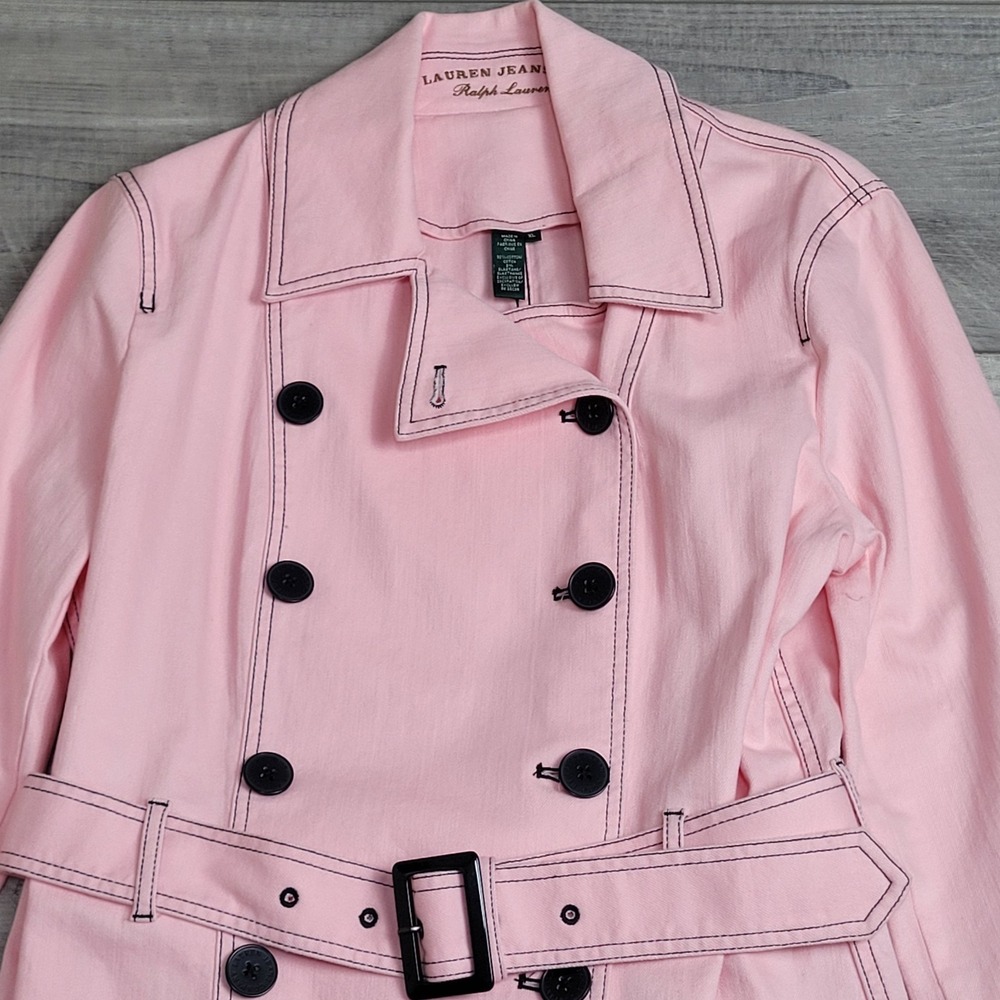 🌸NWT Lauren Jeans Co. Jacket Womens XL Peony Pink Denim Double Breasted Belted - Picture 3 of 16